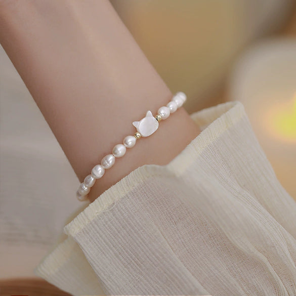 Women's Handmade Freshwater Pearl Shell Cat Style Bracelet
