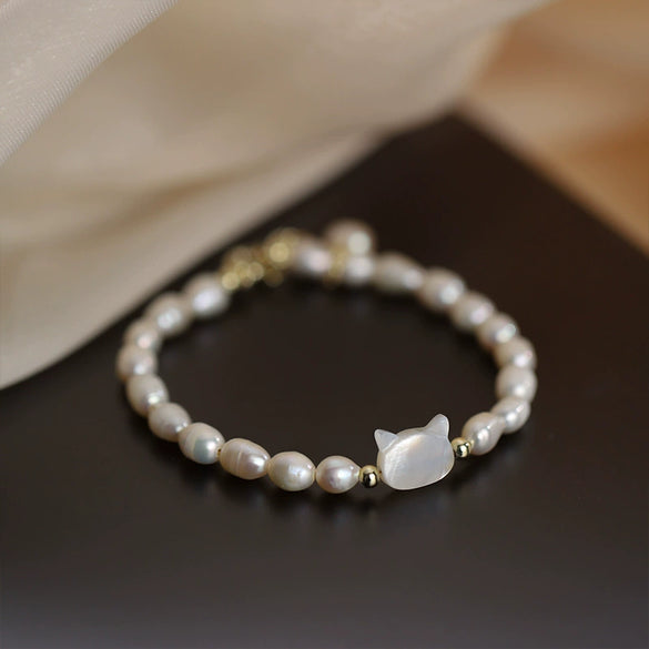 Women's Handmade Freshwater Pearl Shell Cat Style Bracelet