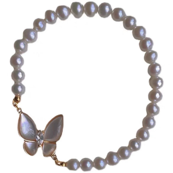 Women's Handmade Fritillaria Butterfly Freshwater Pearl Bracelet Copper 14K Goldplated Nearly Round