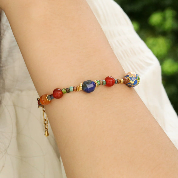 Women's Handmade Geometric Czech Beads Red Agate Lapis Lazuli Copper Bracelet