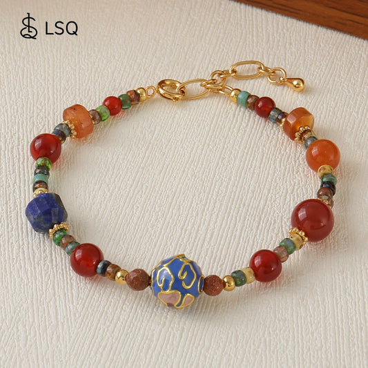 Women's Handmade Geometric Czech Beads Red Agate Lapis Lazuli Copper Bracelet