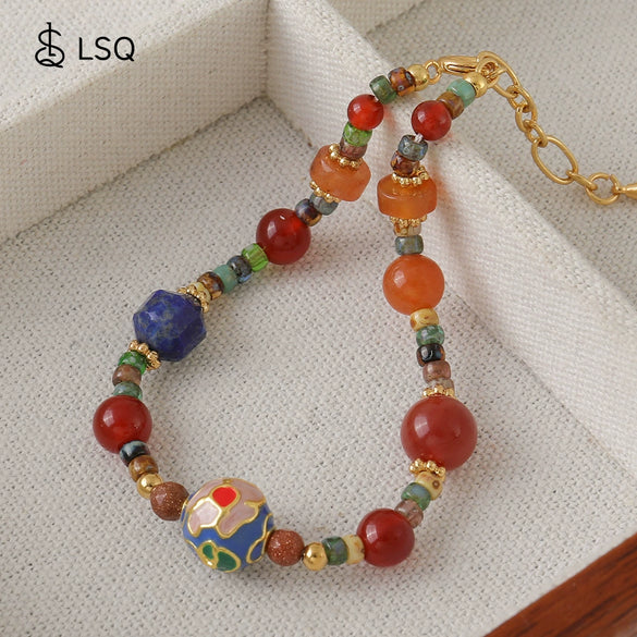 Women's Handmade Geometric Czech Beads Red Agate Lapis Lazuli Copper Bracelet
