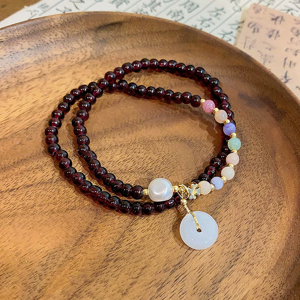 Women's Handmade Geometric Glass Glazed Garnet Beaded Double Layer Bracelet