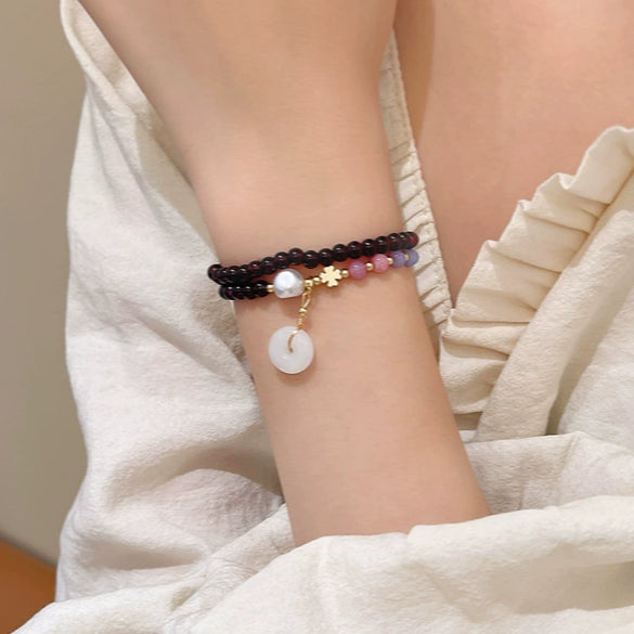 Women's Handmade Geometric Glass Glazed Garnet Beaded Double Layer Bracelet