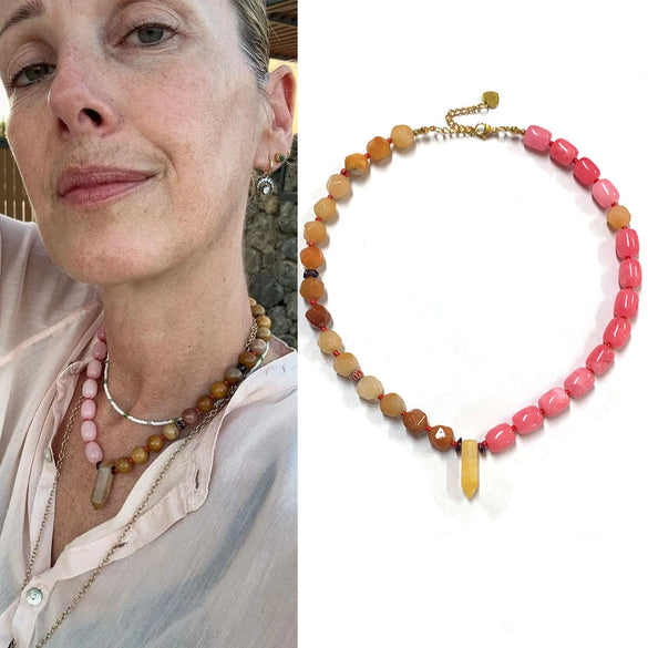 Women's Handmade Geometric Natural Stone Beaded Titanium Steel Necklace Maillard Style Regular Chain Mixed Gemstone Inlay