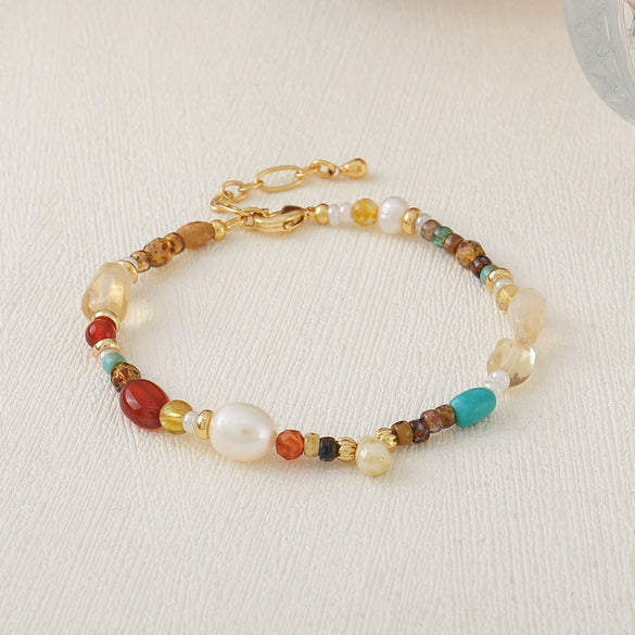 Women's Handmade Geometric Natural Stone Bracelet With Czech Beads Freshwater Pearls Red Agate And Copper