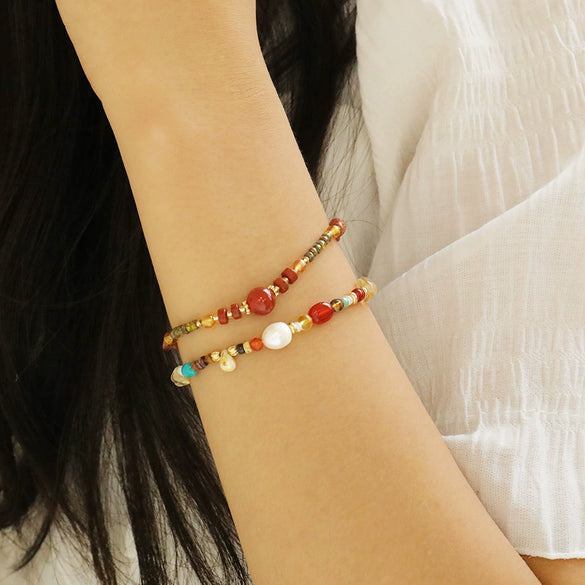 Women's Handmade Geometric Natural Stone Bracelet With Czech Beads Freshwater Pearls Red Agate And Copper