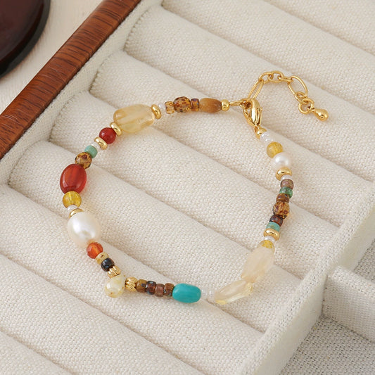 Women's Handmade Geometric Natural Stone Bracelet With Czech Beads Freshwater Pearls Red Agate And Copper