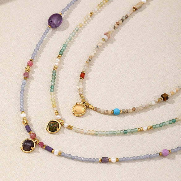 Women's Handmade Geometric Natural Stone Stainless Steel Copper Beaded Necklace
