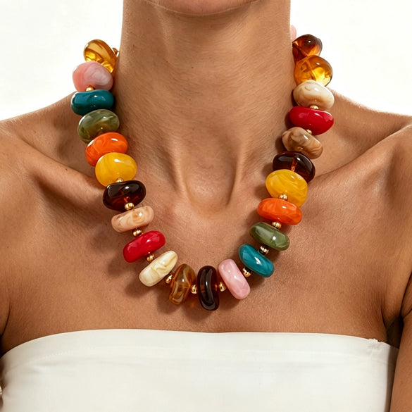 Women's Handmade Geometric Resin Beaded Necklace And Elastic Bracelet With Colorful Tie Dye Pattern And Matte Spacer Beads
