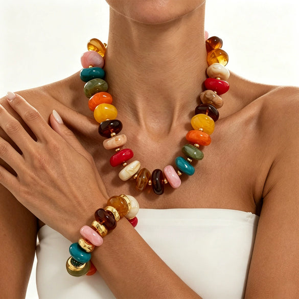 Women's Handmade Geometric Resin Beaded Necklace And Elastic Bracelet With Colorful Tie Dye Pattern And Matte Spacer Beads