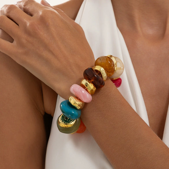 Women's Handmade Geometric Resin Beaded Necklace And Elastic Bracelet With Colorful Tie Dye Pattern And Matte Spacer Beads
