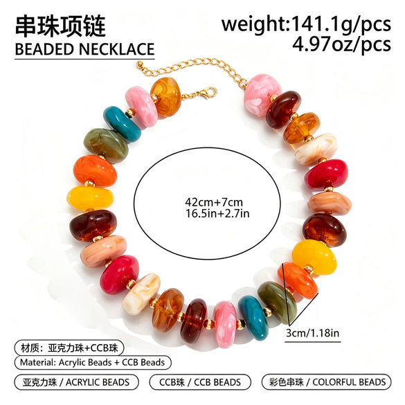 Women's Handmade Geometric Resin Beaded Necklace And Elastic Bracelet With Colorful Tie Dye Pattern And Matte Spacer Beads
