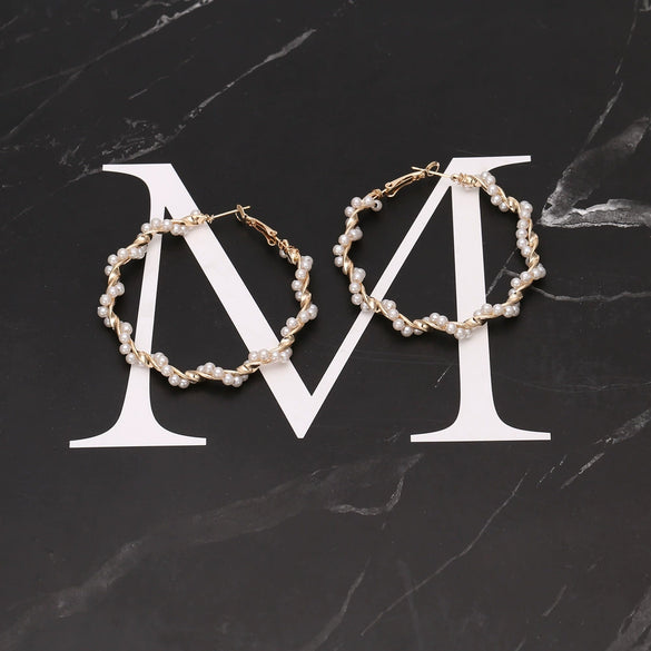 Women’s Handmade Geometric Round Metal And Pearl Statement Earrings Fashion Jewelry For Wholesale