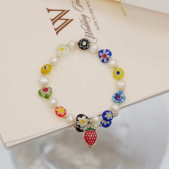 Women's Handmade Glass And Glaze Fruit Bracelet Jewelry With Small Flower Design And Colorful Summer Style