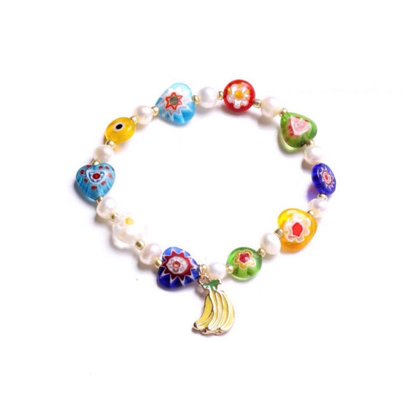 Women's Handmade Glass And Glaze Fruit Bracelet Jewelry With Small Flower Design And Colorful Summer Style