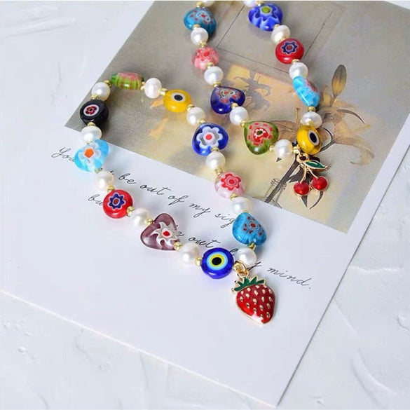 Women's Handmade Glass And Glaze Fruit Bracelet Jewelry With Small Flower Design And Colorful Summer Style