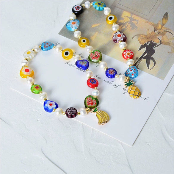 Women's Handmade Glass And Glaze Fruit Bracelet Jewelry With Small Flower Design And Colorful Summer Style