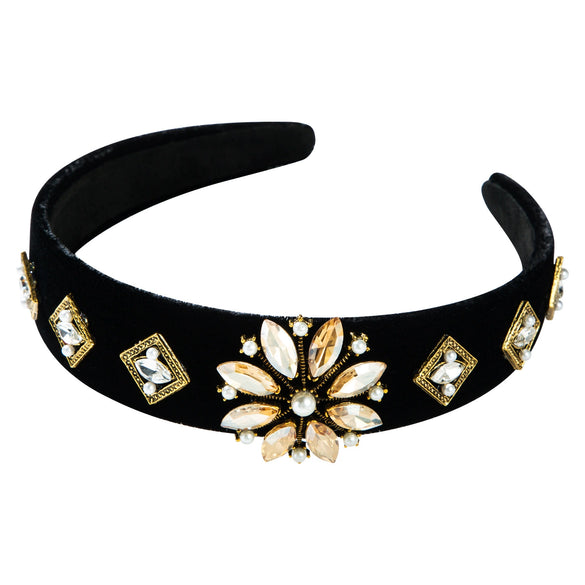 Women's Handmade Gold Velvet Wide Brim Headband With Sparkling Flower Detail Princess Style Fashion Hair Accessory