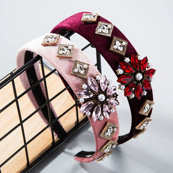 Women's Handmade Gold Velvet Wide Brim Headband With Sparkling Flower Detail Princess Style Fashion Hair Accessory