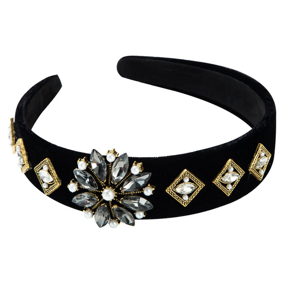 Women's Handmade Gold Velvet Wide Brim Headband With Sparkling Flower Detail Princess Style Fashion Hair Accessory