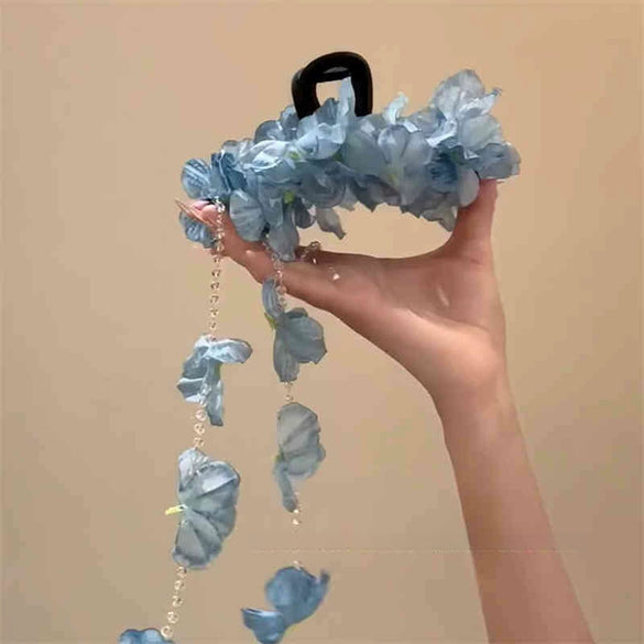 Women's Handmade Imitation Pearl Flower Tassel Shark Clip Hair Accessories