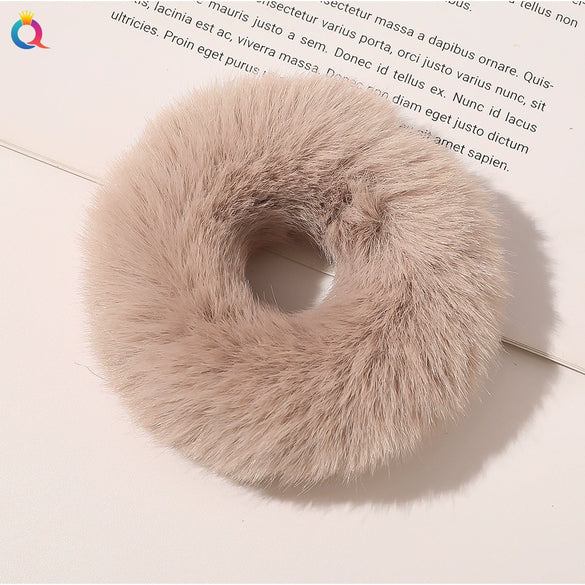 Women's Handmade Imitation Rabbit Fur Scrunchie Soft Furry Cloth Hair Ring Accessory