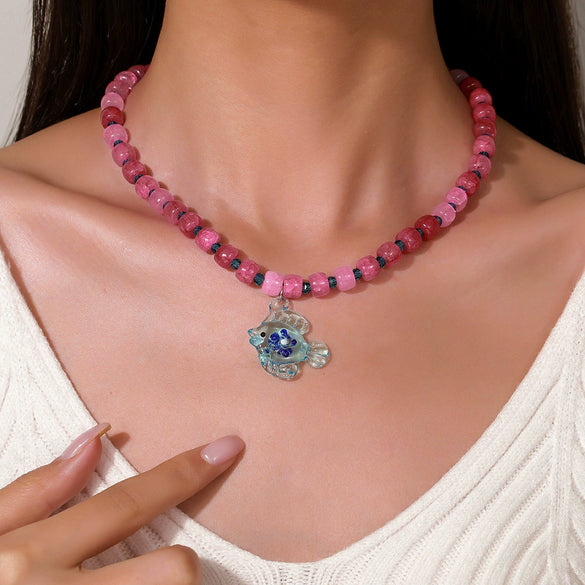 Women's Handmade Liuli Beaded Necklace With Ocean Element Animal Zodiac Geometric Pattern
