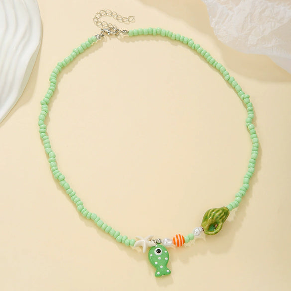 Women's Handmade Liuli Beaded Necklace With Ocean Element Animal Zodiac Geometric Pattern