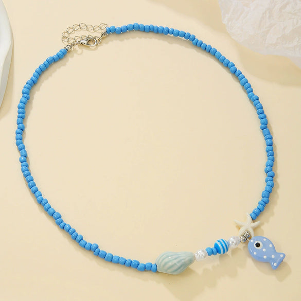 Women's Handmade Liuli Beaded Necklace With Ocean Element Animal Zodiac Geometric Pattern