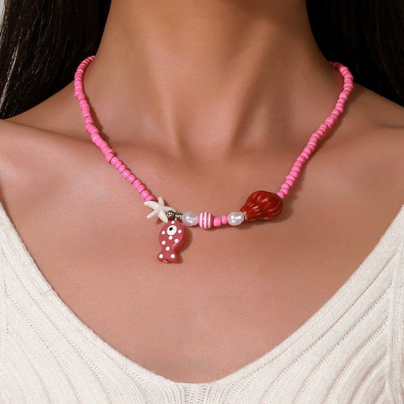 Women's Handmade Liuli Beaded Necklace With Ocean Element Animal Zodiac Geometric Pattern