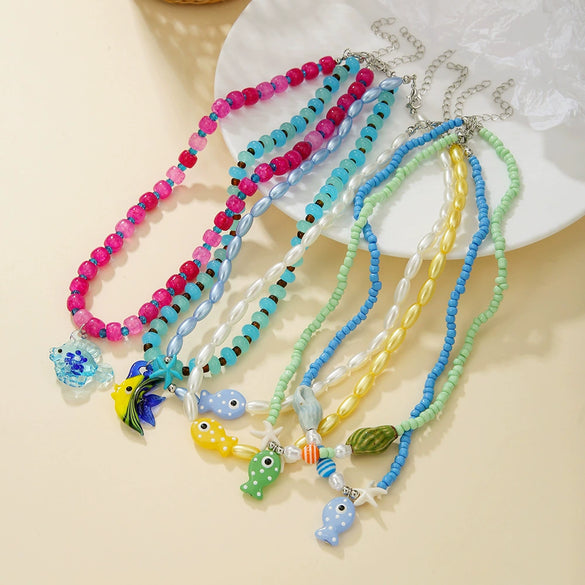 Women's Handmade Liuli Beaded Necklace With Ocean Element Animal Zodiac Geometric Pattern