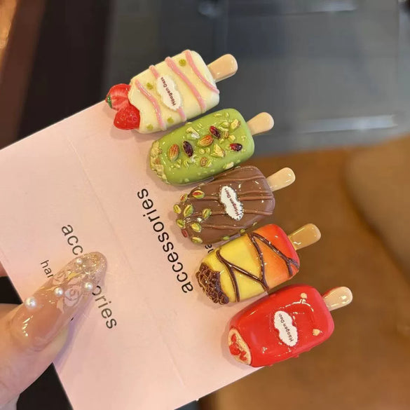 Women's Handmade Mixed Materials Heart Shaped Cartoon Sweet Chocolate Ice Cream Bangs Hairpin