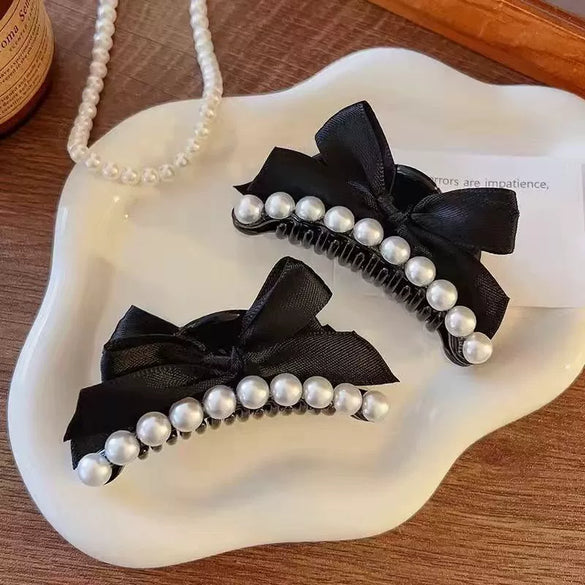 Women's Handmade Mixed Materials Sweet Faux Pearl Black Bowknot Hair Clip