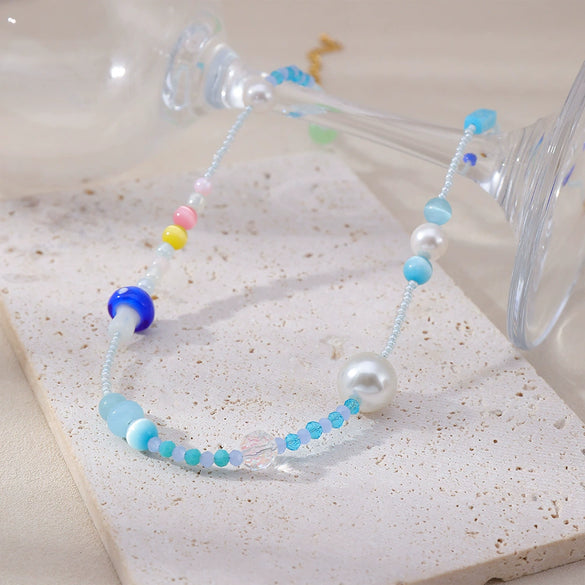 Women's Handmade Mushroom Style Beaded Necklace With Rice Beads Colored Glaze And Stainless Steel