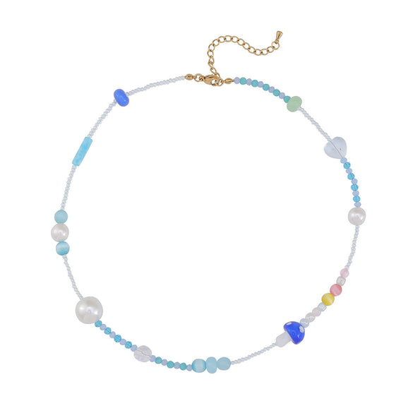 Women's Handmade Mushroom Style Beaded Necklace With Rice Beads Colored Glaze And Stainless Steel