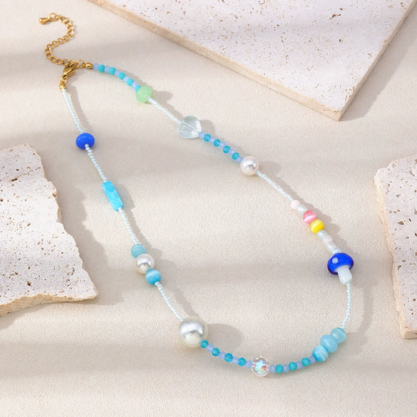 Women's Handmade Mushroom Style Beaded Necklace With Rice Beads Colored Glaze And Stainless Steel