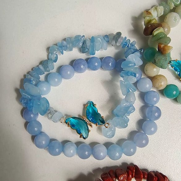 Women's Handmade Natural Agate Stone Gravel Butterfly Bracelet Set Geometric Animal Style Office Lady Jewelry