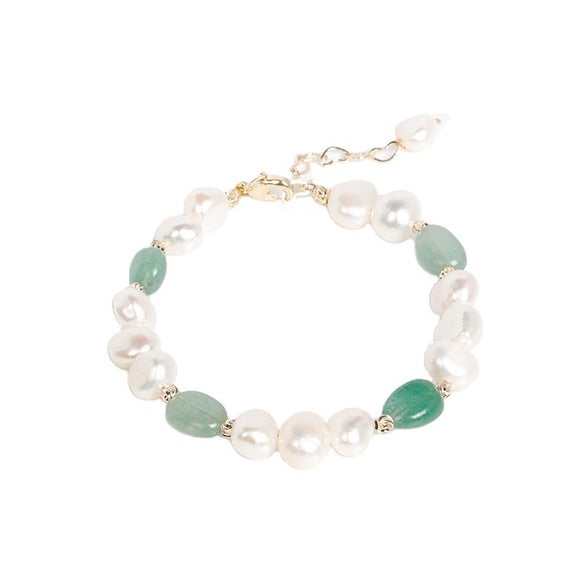 Women's Handmade Natural Freshwater Pearl And Green Dongling Stone Bracelet