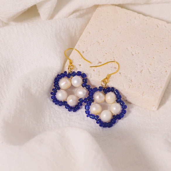 Women's Handmade Natural Freshwater Pearl 925 Silver Needle Geometric Five Petal Flower Stud Earrings