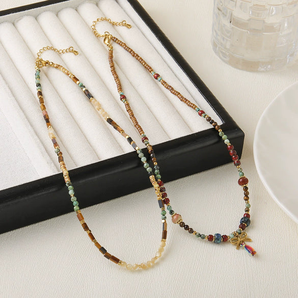 Women's Handmade Natural Stone Beaded Necklace With Copper And Stainless Steel Bow Pendant