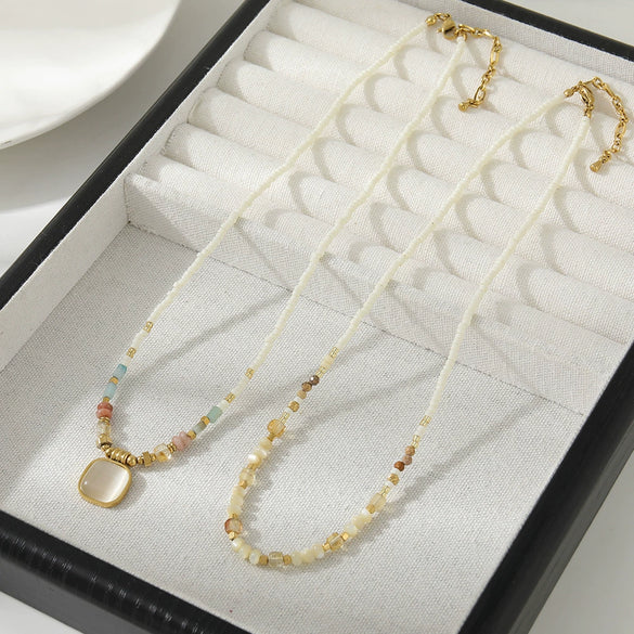 Women's Handmade Natural Stone Rice Beads Shell Stainless Steel Geometric Stacked Beaded Clavicle Necklace