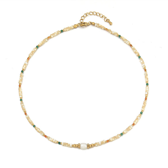 Women's Handmade Natural Stone Rice Beads Shell Stainless Steel Geometric Stacked Beaded Clavicle Necklace