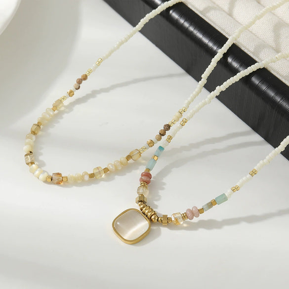 Women's Handmade Natural Stone Rice Beads Shell Stainless Steel Geometric Stacked Beaded Clavicle Necklace