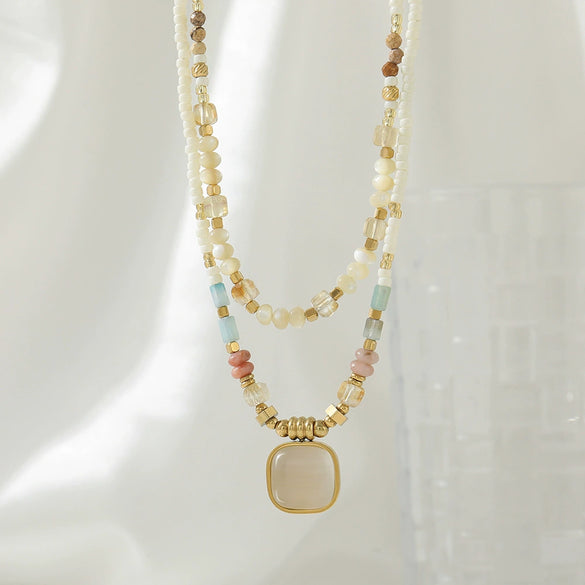 Women's Handmade Natural Stone Rice Beads Shell Stainless Steel Geometric Stacked Beaded Clavicle Necklace