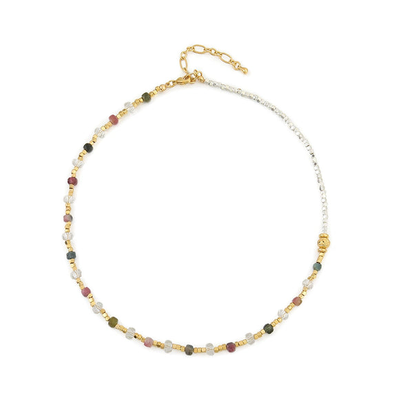 Women's Handmade Natural Stone Rice Beads Shell Stainless Steel Geometric Stacked Beaded Clavicle Necklace