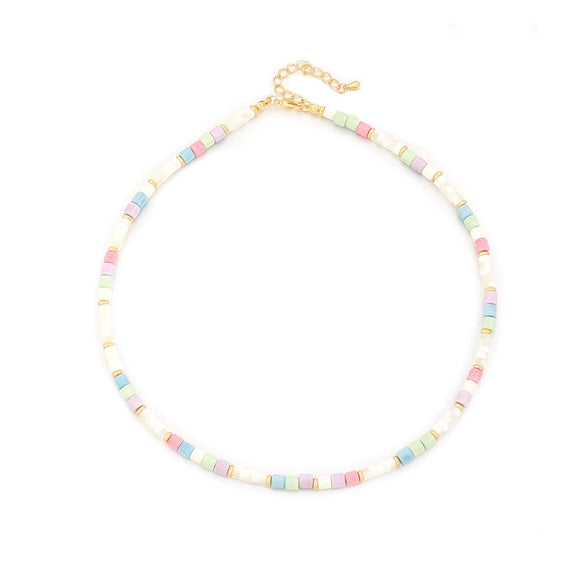 Women's Handmade Natural Stone Rice Beads Shell Stainless Steel Geometric Stacked Beaded Clavicle Necklace