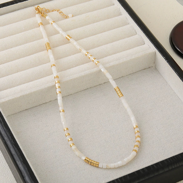 Women's Handmade Natural Stone Rice Beads Shell Stainless Steel Geometric Stacked Beaded Clavicle Necklace