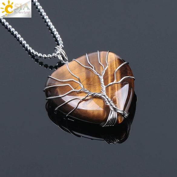 Women's Handmade Natural Stone Tree Of Life Pendant Necklace With Copper Wire Winding Minimalist Electroplated Jewelry