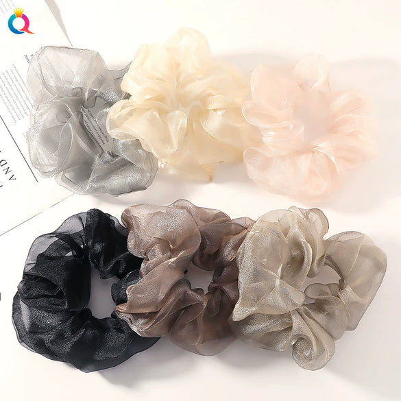 Women's Handmade Organza Scrunchie Hair Ring Solid Color Fairy Style Voluminous Hair Accessory